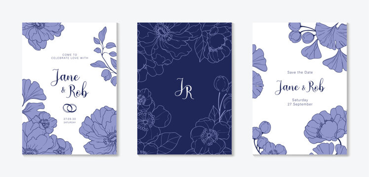 Luxury wedding invitation card vector template. Blue background with  line art, flower, leaves branches, foliage. Design illustration for vip cover, poster, rsvp modern card. 