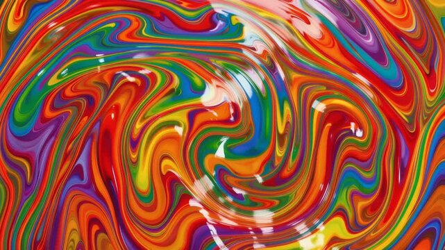 Abstract swirling spectrum of vibrant rainbow colors, fluid flowing motion, glossy gradients, dynamic curves, 4K video