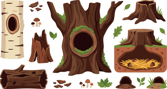Cartoon Tree Hollow and Stump Vector Set with Animal Underground Burrow, Log, Birch Trunk, and Forest Elements for Game and Graphic Design