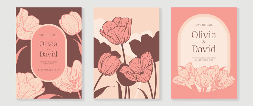 Luxury wedding invitation card vector template. Pink background with  line art, flower, leaves branches, foliage. Design illustration for vip cover, poster, rsvp modern card. 
