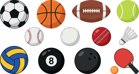 Obraz premium Comprehensive Sports Balls Equipment Icon Set Featuring Soccer Basketball Rugby Tennis Baseball Volleyball Billiards Cricket and Table Tennis Vectors for Athletic Game Design