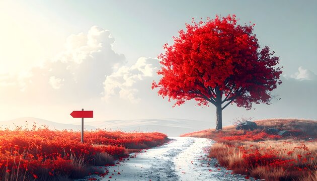 &Aacute;rbol rojo solitario junto a un arroyo en un paisaje invernal minimalista con luz suave y ambiente sereno