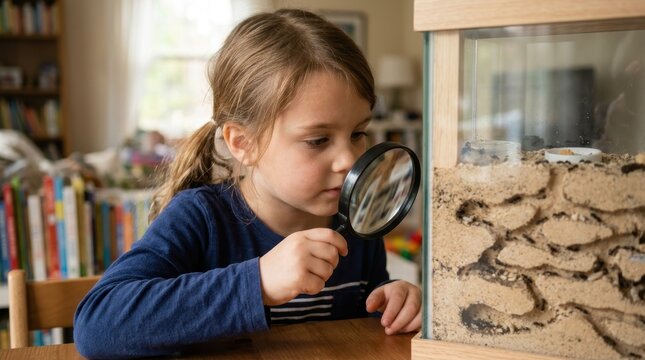 A curious little girl carefully observing ants inside a transparent glass formicarium through a magnifying glass, fascinated by the insects' tunnels and behavior. 