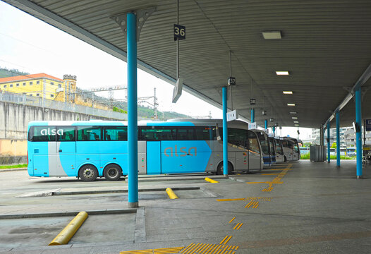 Oviedo bus station, Principality of Asturias, northern Spain. Alsa company bus on the platforms inside the Oviedo station. Passenger transport routes in Asturias. Tourism in beautiful Asturias.