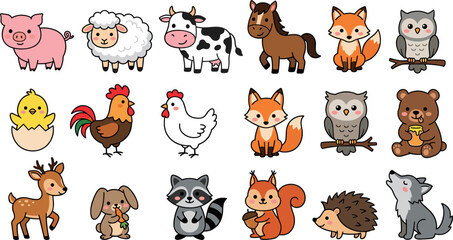 Obraz premium Cute Farm and Woodland Animal Vector Character Set with Baby Pig, Sheep, Cow, Horse, Fox, Owl, Deer, Bear, and Forest Wildlife Elements
