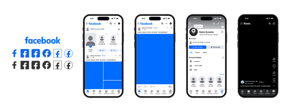 Facebook feed mockup with logo and emoticons. Social media mock up template. Facebook post frame carousel template.