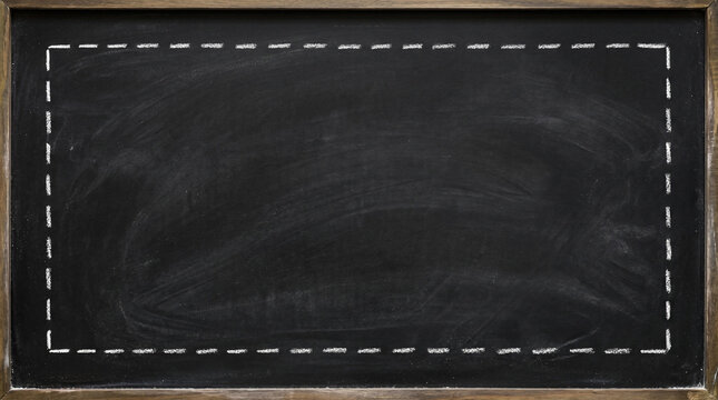 Minimal Black Chalkboard Background with Dashed Chalk Border Frame and Empty Copy Space, High Detail Photography