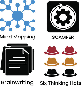 Brainstorming Methods Icons Set with Mind Map, SCAMPER Gear, Brainwriting Documents and Six Thinking Hats Strategy Symbols On a transparent background