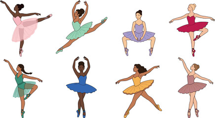 Diverse Ballerina Vector Character Set with Elegant Ballet Dancers in Colorful Tutus, Pointe Shoes, and Dynamic Performing Poses for Dance Graphic Design © Najir