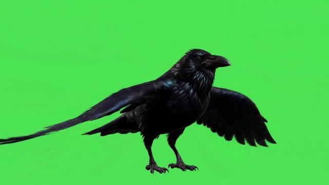 Ultra realistic majestic black raven isolated on pure chroma key green screen background powerful slow wing flapping animation glossy jet black feathers with blue and violet iridescent reflections raz