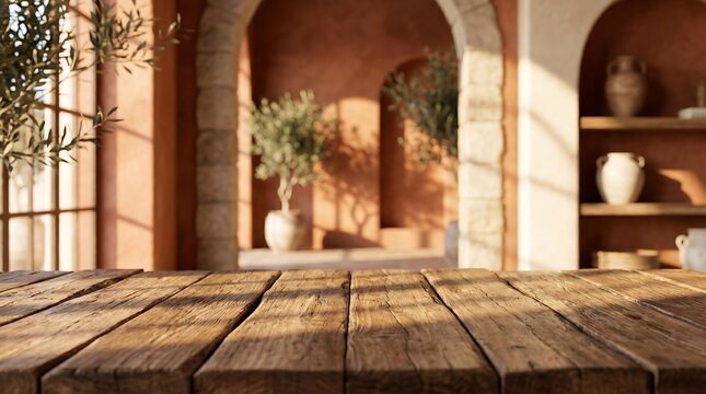 Rustic wooden table surface on blurred Mediterranean patio background with warm terracotta walls and sunny olive trees.
