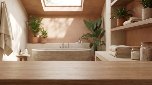 Empty Wooden Table Mockup in Zen Bathroom Interior with Bathtub and Tropical Plants for Product Display Presentation.
