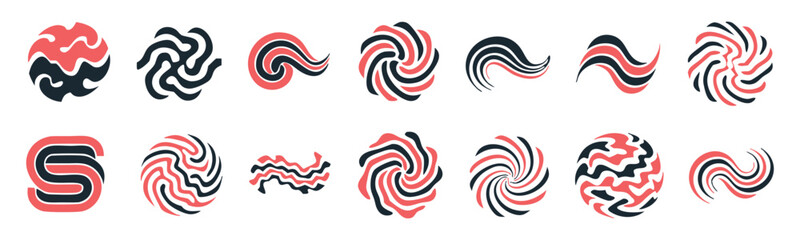 Abstract Swirls and Waves Collection: A versatile set of abstract design elements featuring dynamic swirls, wavy lines, and geometric patterns in a striking coral and charcoal color palette. © MDSyedAhmed