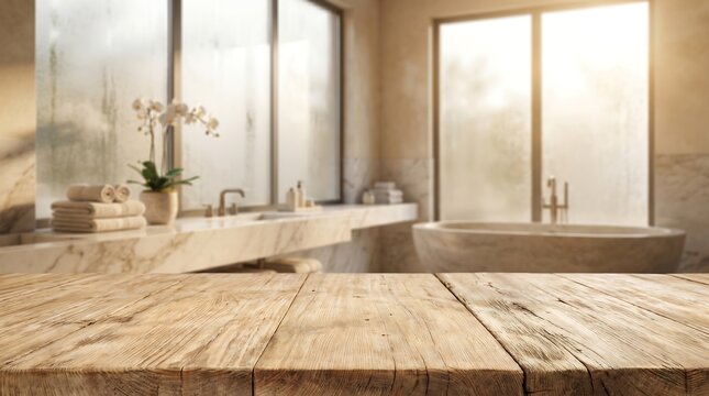 Empty rustic wooden tabletop over blurred luxury bathroom background for spa product display mockup and home decor.