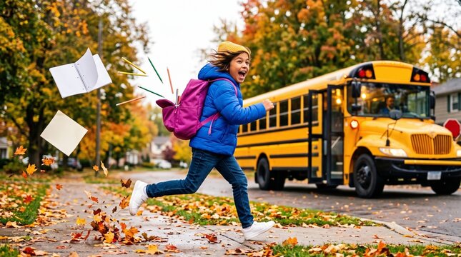 A running child waving at school bus with flying papers and a heavy backpack, suitable for late student or morning rush concepts.