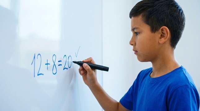 A male student solving math problems on a whiteboard, tagged as a NO NAME file, for individual academic focus visuals.