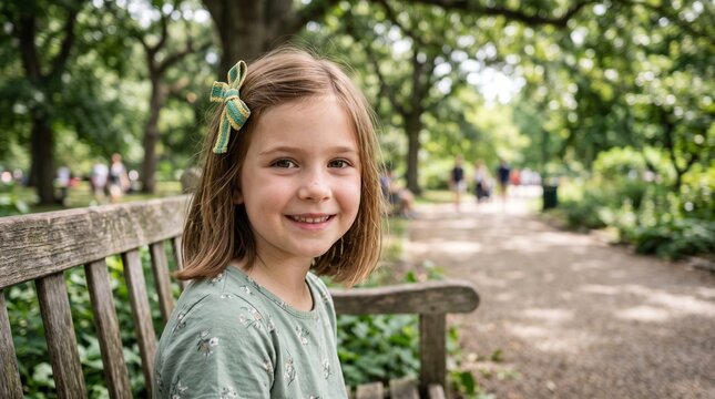 Young girl with bow in hair smiles sitting on park bench on sunny day