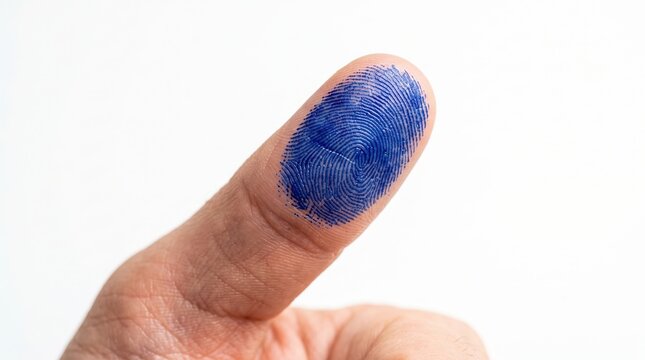 Close up view of human thumb with blue identification ink marking fingerprint ridges on white background with ridges against clean registration