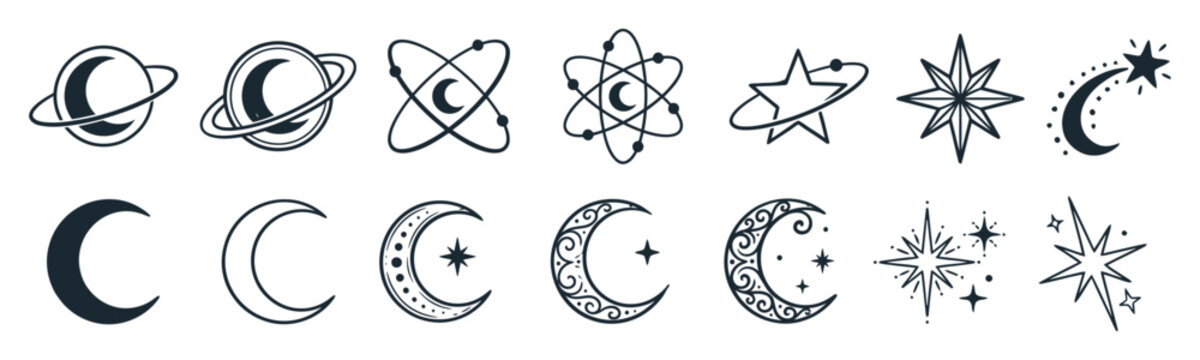 Celestial Collection: A whimsical set of hand-drawn celestial icons featuring moons, stars, planets, and atomic symbols, perfect for adding a touch of cosmic wonder to your designs.