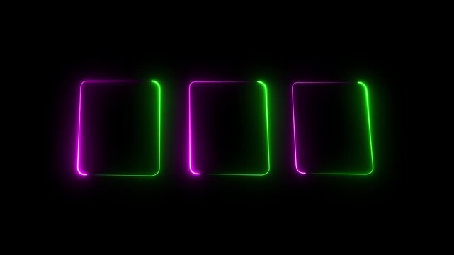 Neon glowing rounded rectangles animation, vibrant purple and green light frames on black background, abstract cyberpunk motion for digital overlay and modern ui