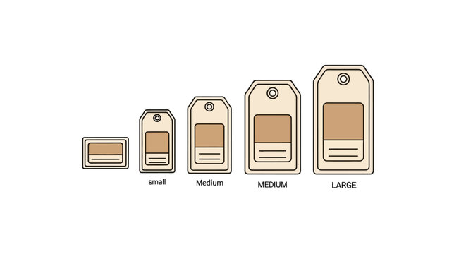 Set of five size-labeled product tags in flat vector design