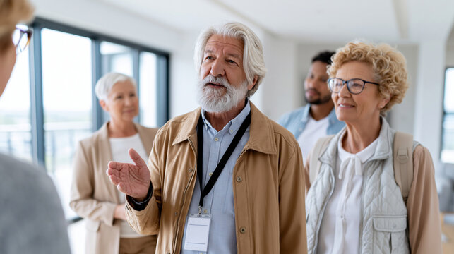Rear view of a real estate agent with a lanyard badge gesturing while showing prospective buyers through a bright modern apartment, face turned away, clean minimalist interior, rea