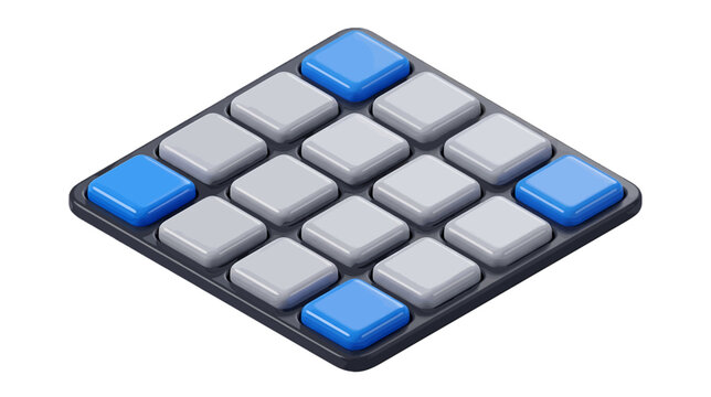 Vector illustration of isometric 4x4 grid board with blue and grey glossy square tiles on a transparent background