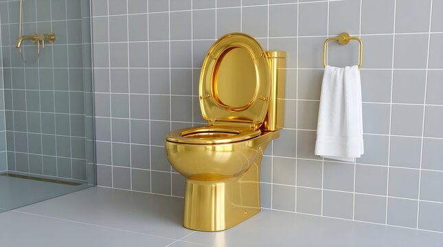 Luxury golden toilet in modern minimalist bathroom with gray tile walls and white towel, high end