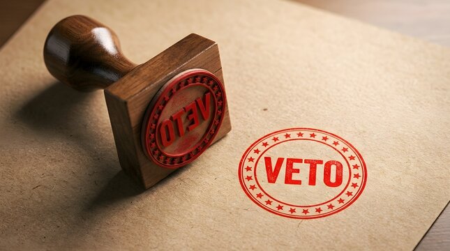 Wooden rubber stamp marking veto on official document paperwork with document official paperwork