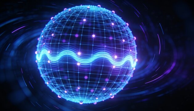 Floating hologram wireframe sphere emitting glow in void with cyan wave ribbon and purple nodes
