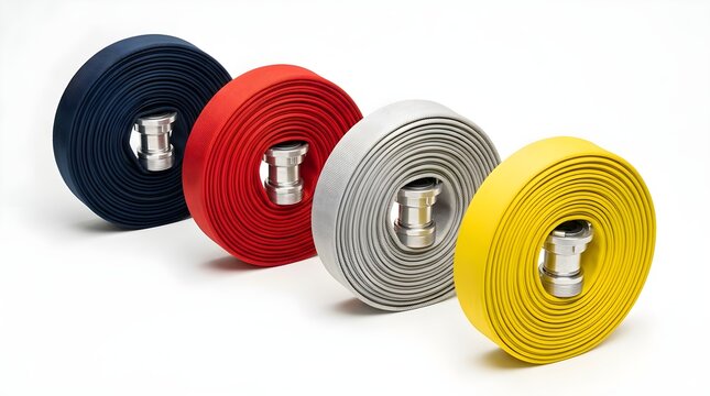 Collection of four rolled fire hoses on white background with emergency equipment suppression