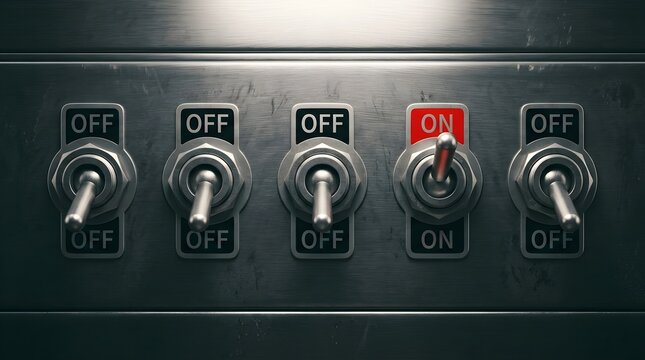 One red switch turned to on position among black off switches with electric electronic industrial