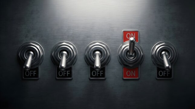 Row of industrial toggle switches with one activated on position industrial electrical mechanism