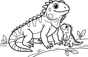 Fototapeta premium Adorable Adult and Baby Iguana Reptile Illustration for Kids Coloring Book Page Activity
