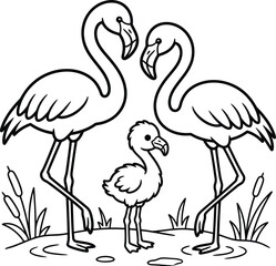 Obraz premium Mother and father flamingo with cute chick coloring page line art vector