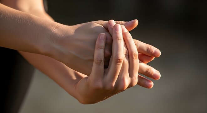 Close up of person rubbing hands together in soft natural sunlight against dark background