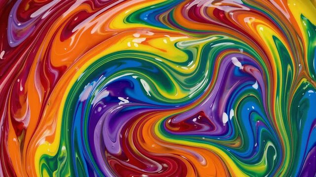 Abstract swirling spectrum of vibrant rainbow colors, fluid flowing motion, glossy gradients, dynamic curves, 4K video