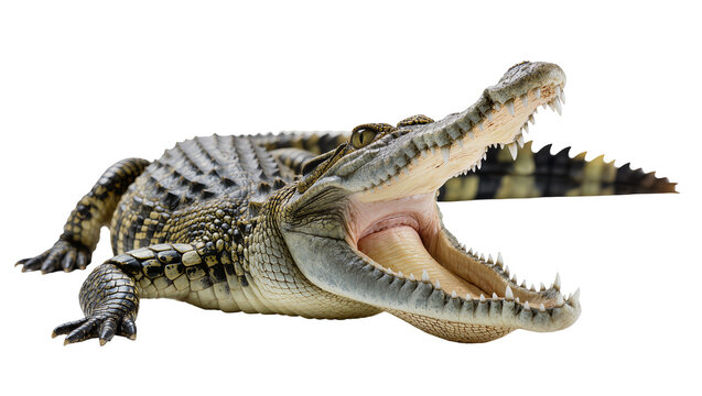 Isolated young crocodile with powerful jaws wide open, showing sharp teeth and scaly skin