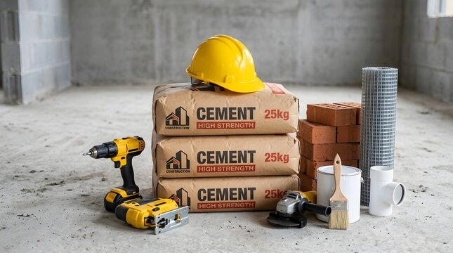 Construction site with cement bags yellow hard hat power tools and bricks construction renovation