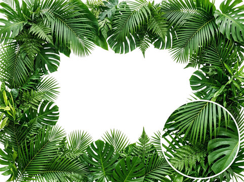 Lush tropical jungle foliage frame composed of vibrant green monstera leaves and various exotic fern fronds arranged in a botanical decorative border pattern displayed beautifully on a clean white on 