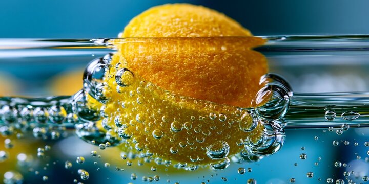 Close-up of a fresh yellow lemon submerged in sparkling water with rising bubbles and a cool blue background.