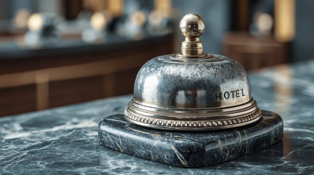 An antique silver service bell labeled HOTEL rests on a marble base with a blurred counter background.