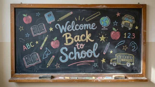 Chalkboard with welcome back to school drawings.