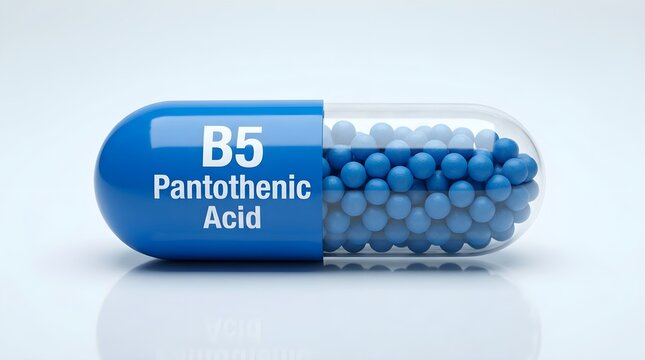 Blue b5 pantothenic acid vitamin supplement capsule isolated on white background with supplement
