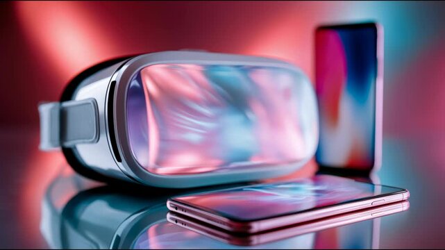 Virtual reality headset and smartphone on a glossy surface with colorful reflections, modern gaming, mobile technology and metaverse concept