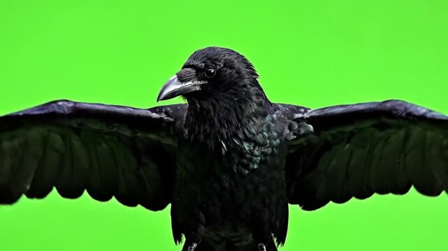 Ultra realistic raven with glossy black feathers isolated against bright green screen natural wing flapping cycle lifelike breathing subtle eye blinking intelligent head movement accurate feather laye
