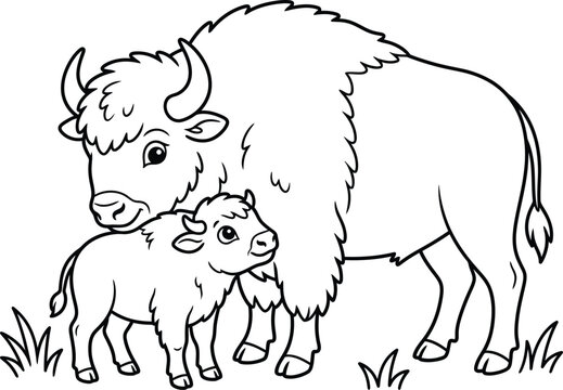 Mother bison and baby calf coloring page line art vector illustration