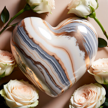 Marble heart sculpture with roses a close up photograph with a soft neutral background alabaster agate art artwork