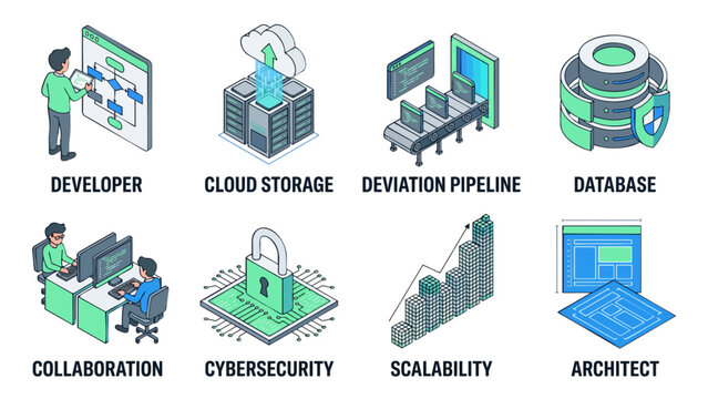 Information Technology Programming Syntax Cloud Infrastructure and Coding Modern Isometric Tech Illustration Set
