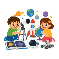 Fototapeta premium Children Exploring Space Science Together with Rockets, Planets and STEM Activities